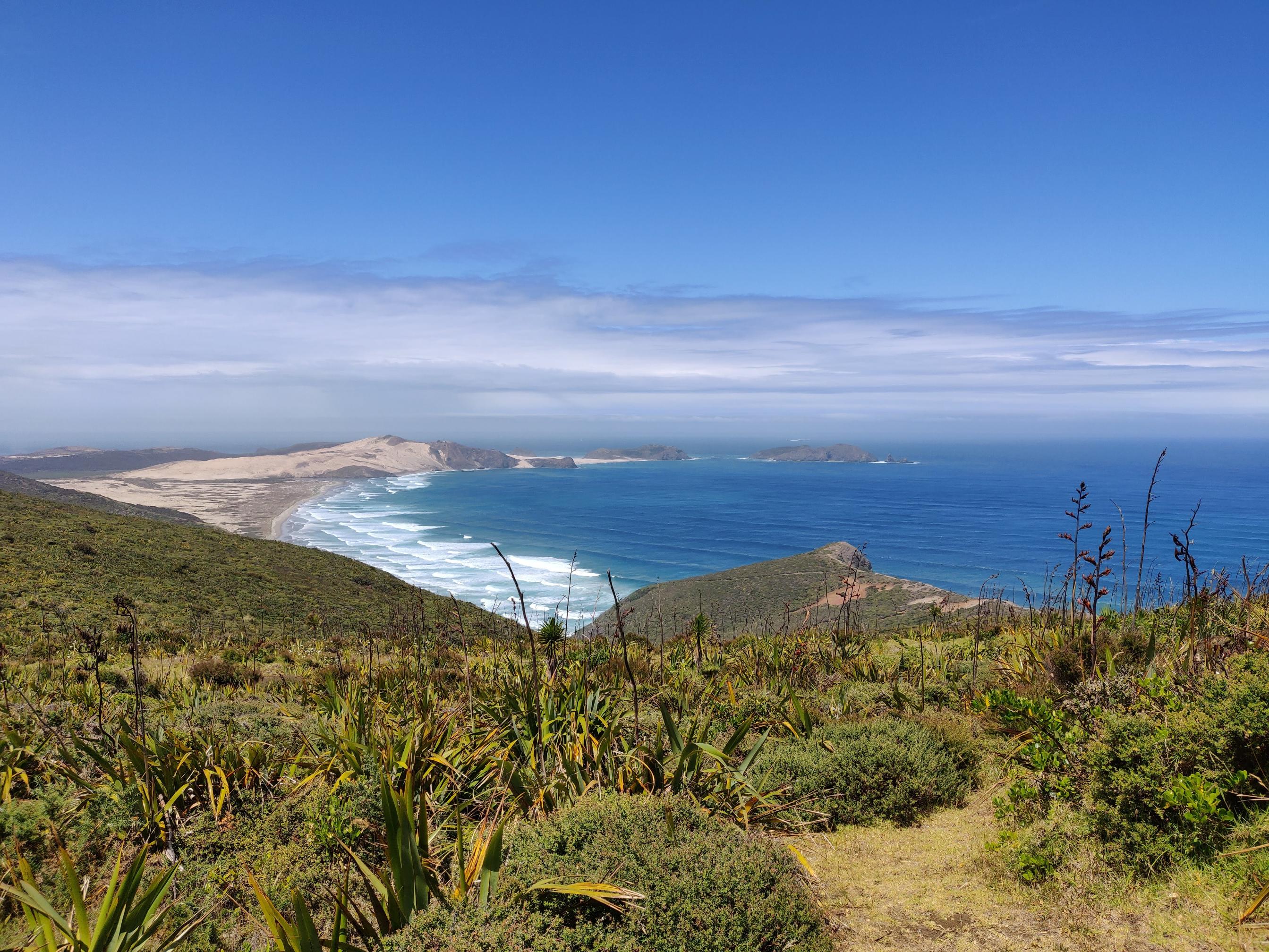 image taken on top of a hill, green slopes with varying vegetation leading down to the ocean and desert dunes in the distance
